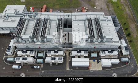 Large data center showing industrial cooling units for server infrastructure Stock Photo