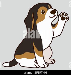 Outlined adorable dark tri colored Beagle sitting and waving Stock Vector