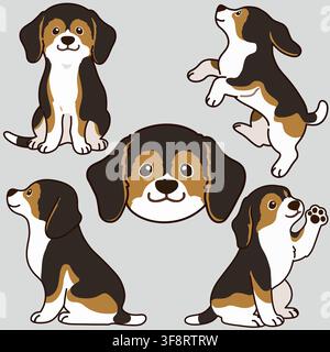 Outlined adorable dark tri colored Beagle illustrations Stock Vector