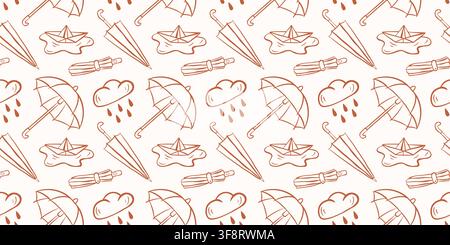 Seamless autumn pattern with line art umbrella, rain cloud, and wearing coat. Doodle style weather motif. Fall season background. illustration for Stock Vector