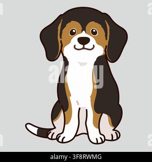 Outlined adorable dark tri colored Beagle sitting in front view Stock Vector