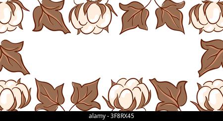 Cotton flower frame with plant leaf in flat style. Natural botanical decoration with soft fiber ball. Organic material border background. Vector Stock Vector
