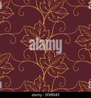 Luxury seamless vector pattern with line art grape leaves and golden thin vines on premium burgundy background for wine branding, high end packaging a Stock Vector