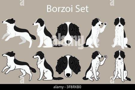 Cute and simple black and white Borzoi illustrations set Stock Vector