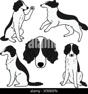 Cute and simple outlined illustrations of black and white Borzoi Dog Stock Vector