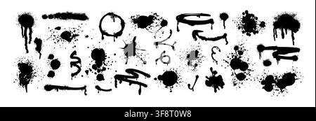 Set of black spray paint blots, lines, inky splatters. Blobs, stripes, ink drips in graffiti grunge texture. Brush strokes, stains with splashes and drops. Vector design elements in street art style Stock Vector