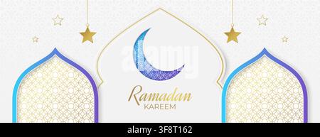 Ramadan Kareem poster with arabic golden frames, mosque silhouettes, islamic arch shape. Banner with gold arabesque windows, gates, moroccan borders with arabian traditional hanging stars and crescent Stock Vector