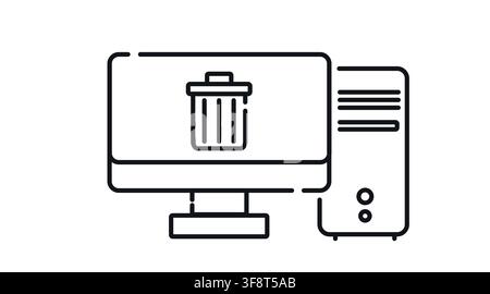 Desktop computer tower and monitor with trash can symbol on screen vector icon. Stock Vector