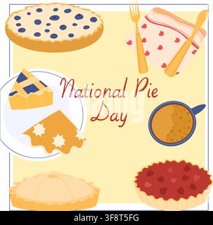 Blueberry pie, berry pie slices, pumpkin pie, pie pan, fork and napkin poster for National Pie Day. Stock Vector