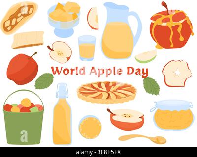 Apples, apple pie, caramel apple, apple juice, cider, apple butter. Stock Vector