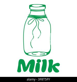 Glass milk bottle with ribbon and Milk lettering poster for dairy farm branding. Stock Vector