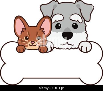 Simple and adorable illustration of Abyssinian cat and Miniature Schnauzer holding a bone Stock Vector