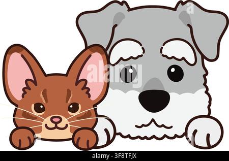 Simple and adorable illustration of Abyssinian cat and Miniature Schnauzer Stock Vector