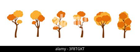 Orange autumn trees set. Flat vector illustration for fall landscapes, seasonal decor, posters, banners, vibrant autumn projects Stock Vector