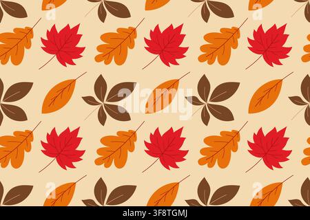 Seamless pattern with Maple, oak and chestnut autumn leaves. Flat vector illustration for fall decor, seasonal textile, wallpaper Stock Vector