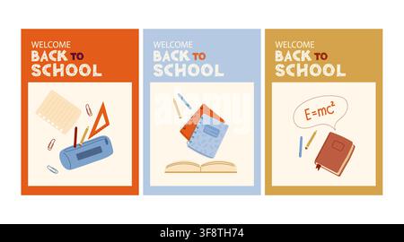 Set of Welcome Back to School card or poster in muted retro colors. Vector illustration for nostalgic education, classroom decor. Stock Vector