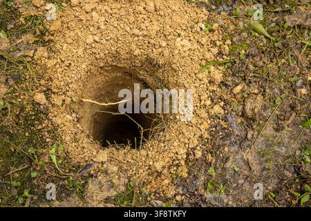 Top view of deep round hole drilled in ground soil at outdoor backyard. Concept: fence post installation Stock Photo