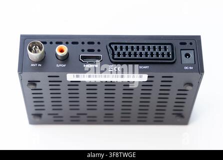 The black electronic devices back panel shows various input and output ports Stock Photo