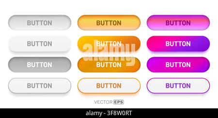 Set of modern UI buttons in various colors and states, including active, hover, and pressed. Vector illustration Stock Vector