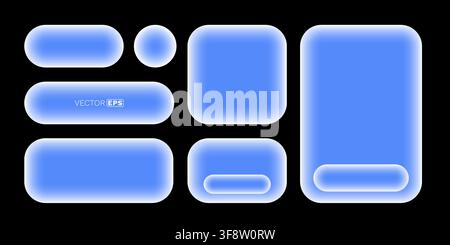 Modern Blue Glassmorphism UI Elements Set. Glowing, rounded shapes for contemporary web and app design. Vector illustration. Stock Vector