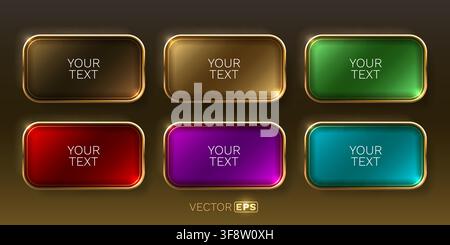 Vibrant glossy buttons with golden frames. Blank UI elements for modern web and app design. Vector illustration Stock Vector