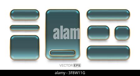 Modern glossy teal UI buttons and frames with golden borders. This sleek collection is ideal for various digital designs. Vector illustration. Stock Vector