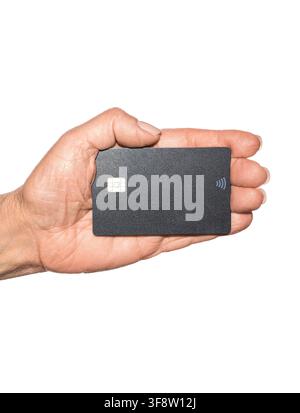 Hand holding credit card. Closeup of hand with plastic credit cards. Hand showing credit card, or card, or business card or voucher, template Stock Photo