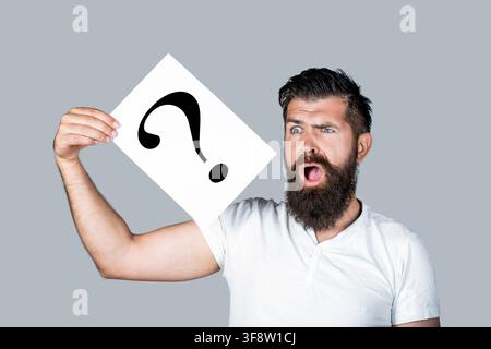 Scream man with question mark. Doubtful man asking questions to himself. Paper notes with question marks. Confused male thinking with question mark. Stock Photo