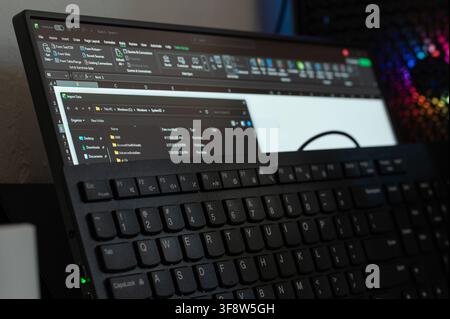 New York, USA - august 10, 2026: Import big data in Microsoft excel data spreadsheet on  computer screen with keyboard close up view Stock Photo