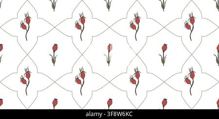 Vector seamless pattern preview with red rosehip berries and green geometric grid on white background. Botanical floral ornament for gift paper. Stock Vector