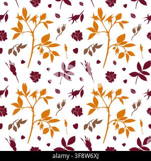 Vector seamless pattern with autumn rosehip branches, orange leaves, and burgundy flowers on white background. Botanical print for wrapping paper. Stock Vector