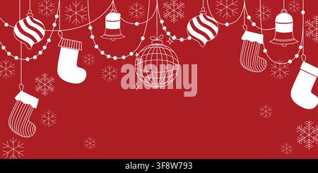 Hand-drawn Christmas banner line art with ornaments, stocking, party disco ball and snowflakes and bell for seasonal decor Stock Vector