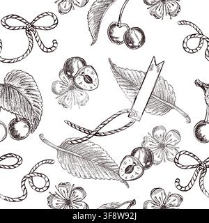 Seamless vector pattern with cherries, leaves, flowers and decorative ribbons. Everything is hand-drawn in ink. Botanical illustration for textiles Stock Vector