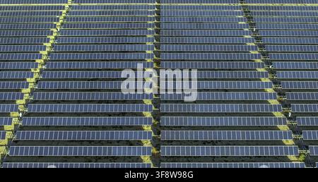 Aerial view of a large utility-scale photovoltaic solar farm with thousands of solar panels in long, closely spaced rows across the landscape in Antel Stock Photo