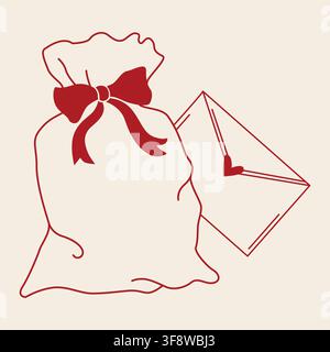 Hand-drawn bag of gifts and love letter for Christmas or Valentines day doodle line art for seasonal decor, packaging, cards Stock Vector
