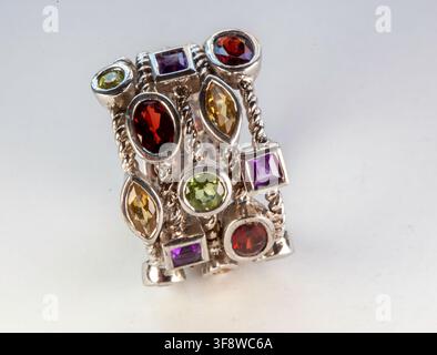 Vintage sterling silver multi-stone statement ring. Stock Photo