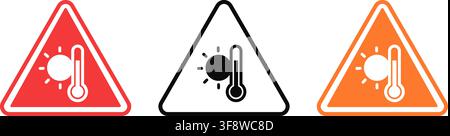 High Temperature Warning Sign Triangle Thermometer Hot Weather Caution Vector Icon Set Stock Vector