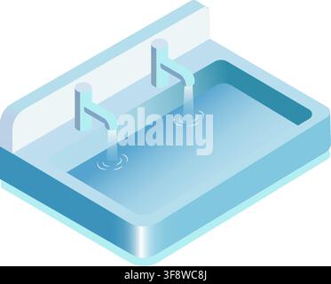 Isometric Public Bathroom Sink Double Faucet Running Water Blue 3D Vector Graphic Illustration Stock Vector