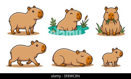 Cute Capybara Cartoon Character Life Cycle Poses Set South American Rodent Vector Asset Stock Vector