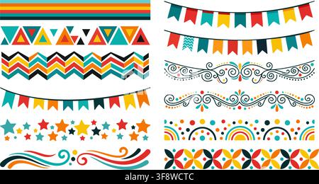 Seamless Ribbon Border Pattern Set Ethnic Geometric Swirl Folk Art Vector Graphic Asset Stock Vector
