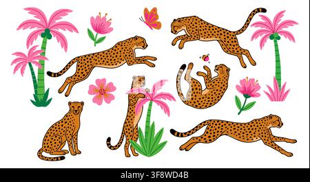 Tropical Cheetah Leopard Collection Palm Trees Pink Flowers Wild Cat Safari Vector Asset Stock Vector