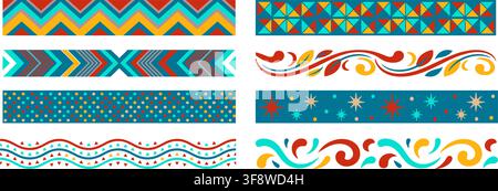 Seamless Ribbon Border Pattern Set Ethnic Geometric Swirl Folk Art Vector Graphic Asset Stock Vector