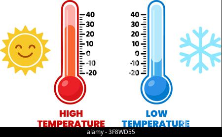 Thermometer High Low Temperature Weather Sun Snowflake Hot Cold Vector Illustration Set Stock Vector