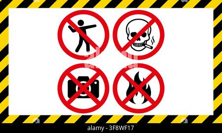 Prohibition Sign Icon Collection Vector Hazard Yellow Caution Border Labels Set Stock Vector