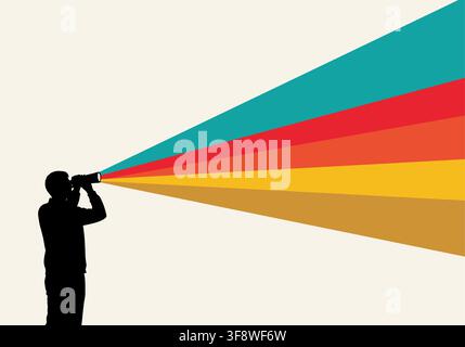 Man Looking Through Telescope Rainbow Light Beam Abstract Vector Vision Concept Illustration Stock Vector