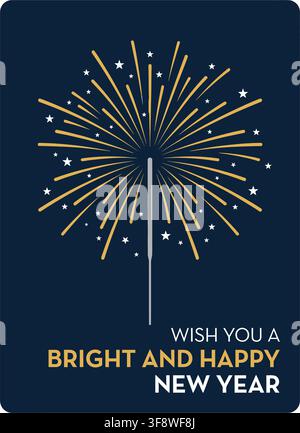 Elegant holiday greeting card design featuring glowing golden sparkler firework on navy background Stock Vector