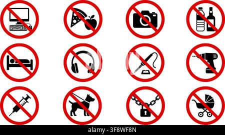 Prohibition signs collection featuring various forbidden activities and restricted items vector icons Stock Vector