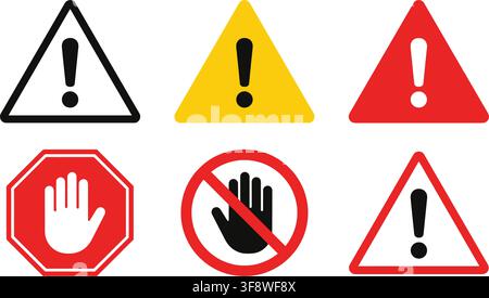 Warning and prohibition signs vector set with triangle exclamation marks and hand icons Stock Vector