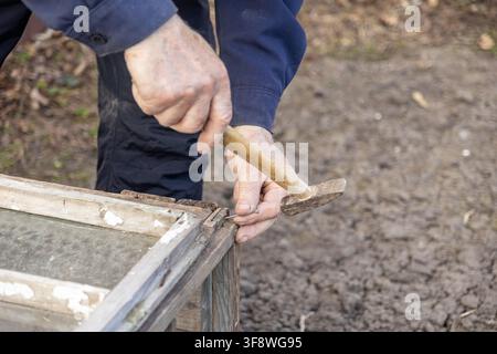 Close view of hands using a hand tool to fix old timber joinery in a rustic outdoor workspace, capturing the essence of home maintenance, DIY construc Stock Photo