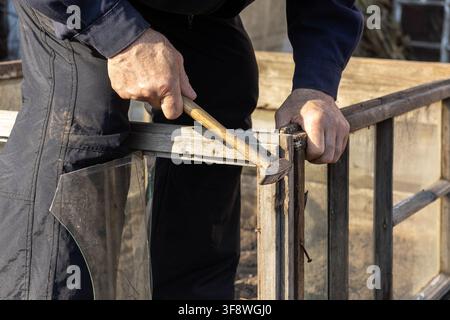 A dedicated craftsperson works on restoring a vintage glass window frame with a hammer, illustrating professional renovation efforts, manual maintenan Stock Photo